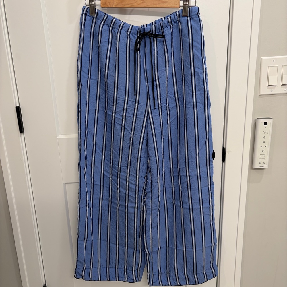 NEW ZARA Wrinkle Effect Blue Striped Pajama Pants S Made in Turkey 27” Inseam